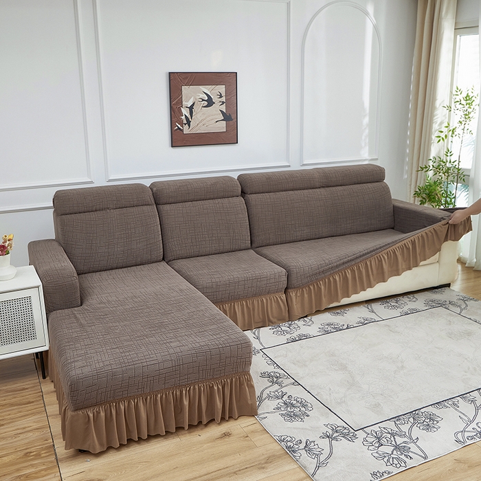 91家纺网 家纺一手货源 找家纺 （总）飞翔家纺沙发套 2026新款素格纹裙摆沙发套贵妃