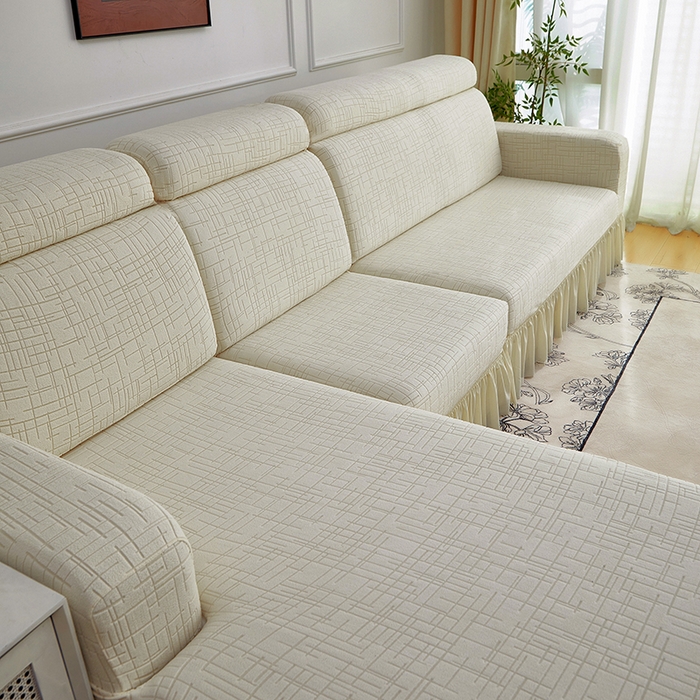 91家纺网 家纺一手货源 找家纺 飞翔家纺沙发套 2026新款素格纹裙摆沙发套贵妃 米白色