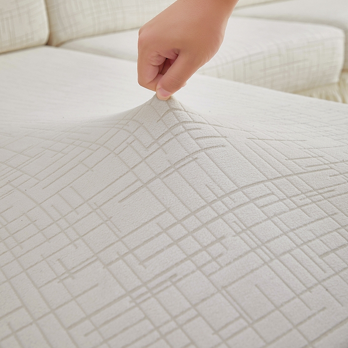 91家纺网 家纺一手货源 找家纺 飞翔家纺沙发套 2026新款素格纹裙摆沙发套贵妃 米白色