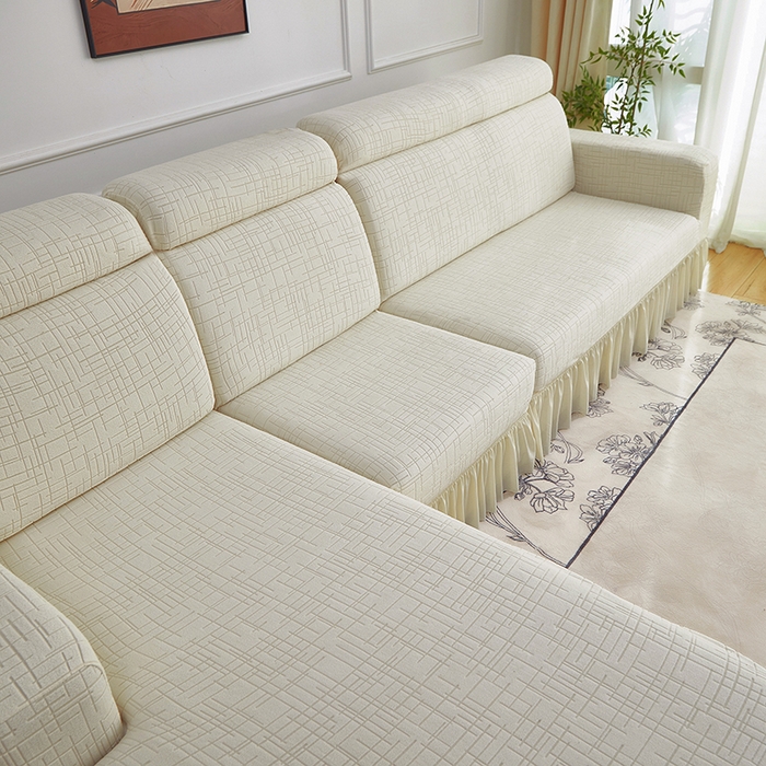 91家纺网 家纺一手货源 找家纺 飞翔家纺沙发套 2026新款素格纹裙摆沙发套贵妃 米白色