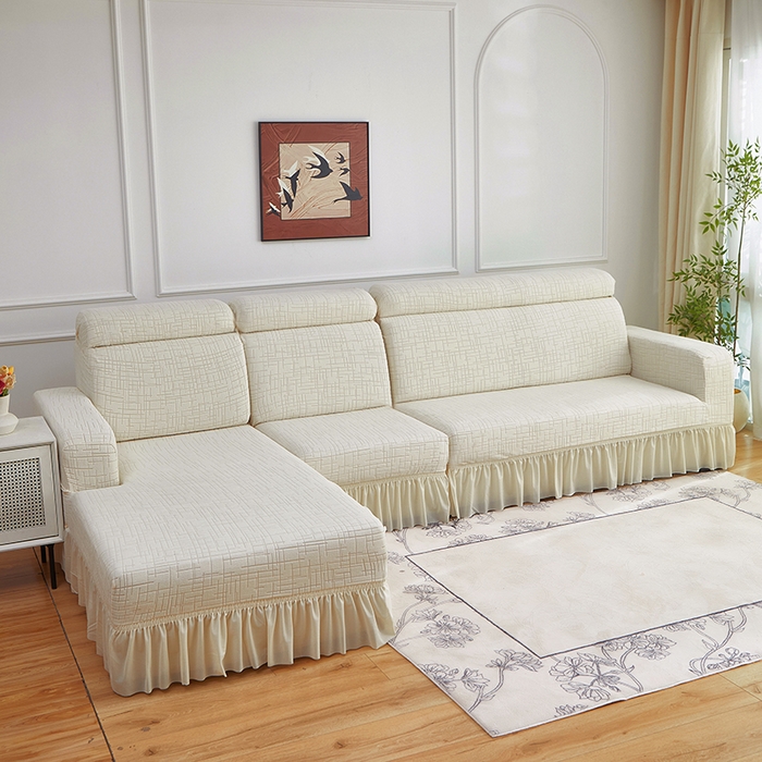 飞翔家纺沙发套 2026新款素格纹裙沙发套摆贵妃 米白色