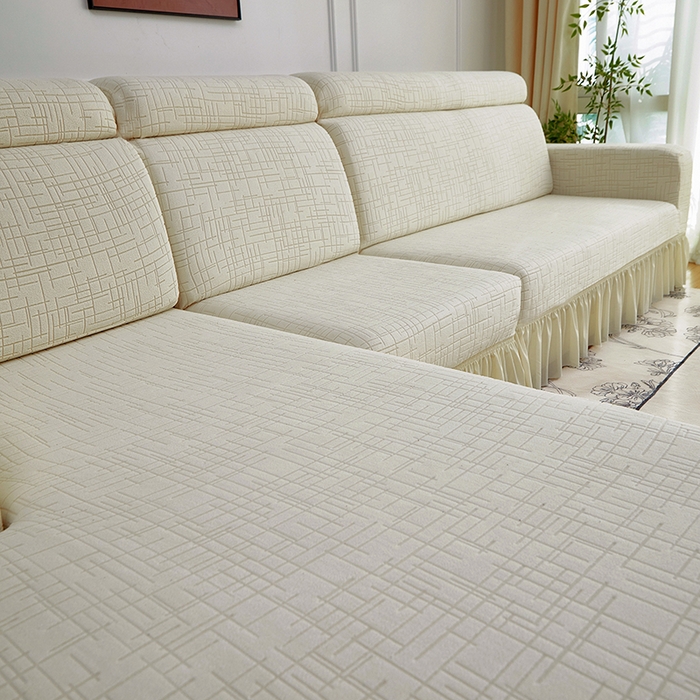 91家纺网 家纺一手货源 找家纺 飞翔家纺沙发套 2026新款素格纹裙摆沙发套贵妃 米白色