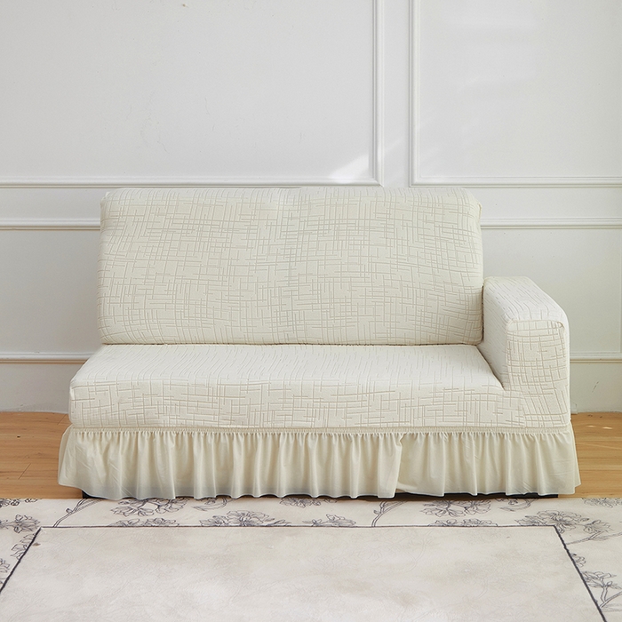 91家纺网 家纺一手货源 找家纺 飞翔家纺沙发套 2026新款素格纹裙摆沙发套贵妃 米白色
