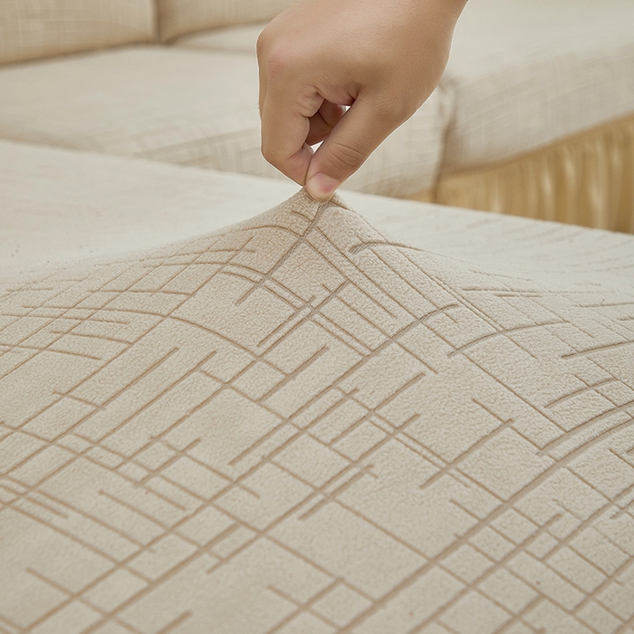 91家纺网 家纺一手货源 找家纺 飞翔家纺沙发套 2026新款素格纹裙摆沙发套贵妃 米黄色