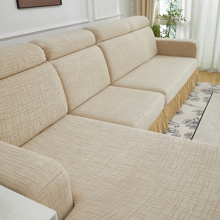 91家纺网 家纺一手货源 找家纺 飞翔家纺沙发套 2026新款素格纹裙摆沙发套贵妃 米黄色