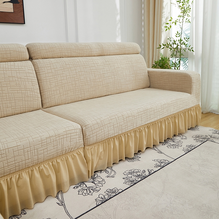 91家纺网 家纺一手货源 找家纺 飞翔家纺沙发套 2026新款素格纹裙摆沙发套贵妃 米黄色