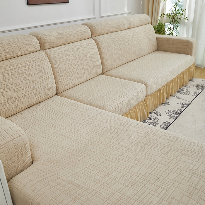 91家纺网 家纺一手货源 找家纺 飞翔家纺沙发套 2026新款素格纹裙摆沙发套贵妃 米黄色