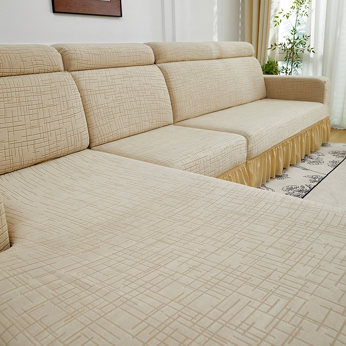 91家纺网 家纺一手货源 找家纺 飞翔家纺沙发套 2026新款素格纹裙摆沙发套贵妃 米黄色