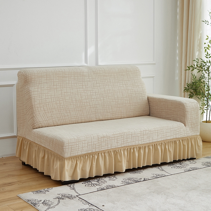 91家纺网 家纺一手货源 找家纺 飞翔家纺沙发套 2026新款素格纹裙摆沙发套贵妃 米黄色