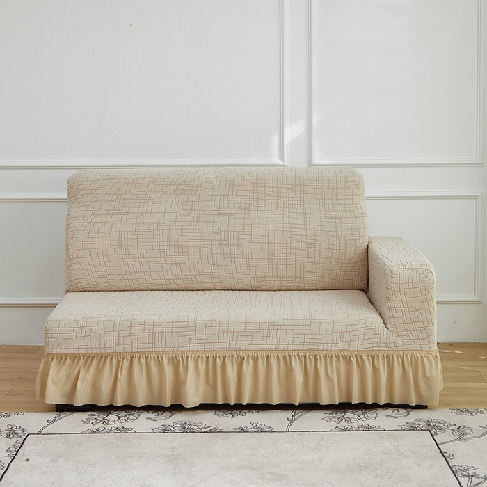 91家纺网 家纺一手货源 找家纺 飞翔家纺沙发套 2026新款素格纹裙摆沙发套贵妃 米黄色