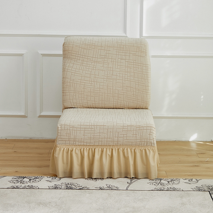 91家纺网 家纺一手货源 找家纺 飞翔家纺沙发套 2026新款素格纹裙摆沙发套贵妃 米黄色