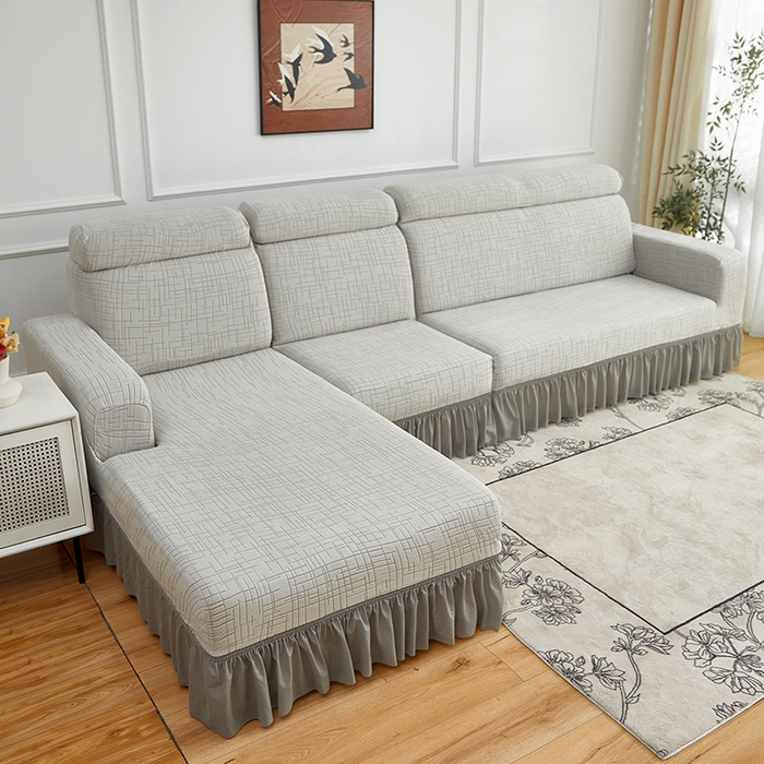 91家纺网 家纺一手货源 找家纺 飞翔家纺沙发套 2026新款素格纹裙摆沙发套贵妃 浅灰色