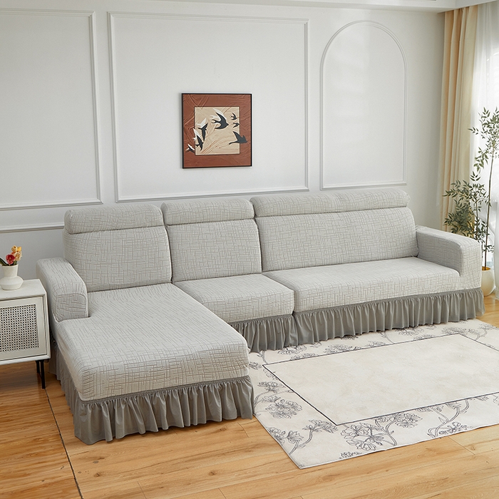 飞翔家纺沙发套 2026新款素格纹裙沙发套摆贵妃 浅灰色