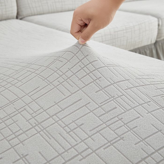 91家纺网 家纺一手货源 找家纺 飞翔家纺沙发套 2026新款素格纹裙摆沙发套贵妃 浅灰色