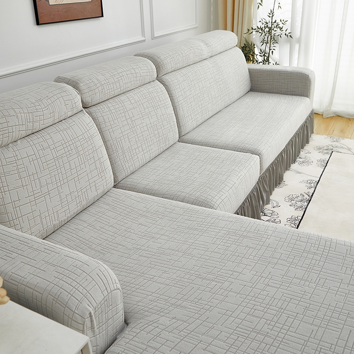 91家纺网 家纺一手货源 找家纺 飞翔家纺沙发套 2026新款素格纹裙摆沙发套贵妃 浅灰色