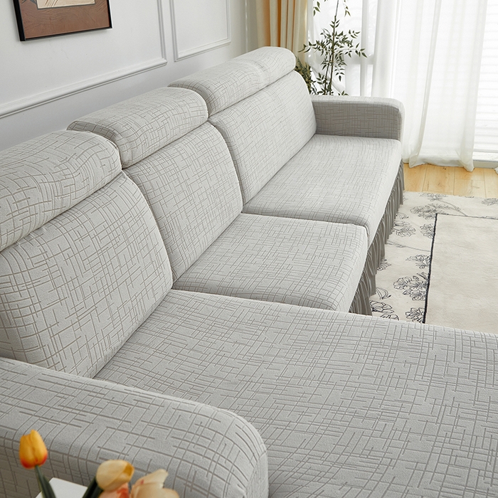 91家纺网 家纺一手货源 找家纺 飞翔家纺沙发套 2026新款素格纹裙摆沙发套贵妃 浅灰色