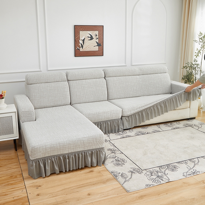 91家纺网 家纺一手货源 找家纺 飞翔家纺沙发套 2026新款素格纹裙摆沙发套贵妃 浅灰色