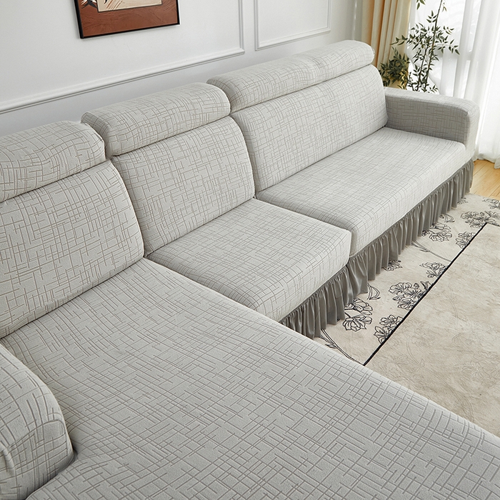 91家纺网 家纺一手货源 找家纺 飞翔家纺沙发套 2026新款素格纹裙摆沙发套贵妃 浅灰色