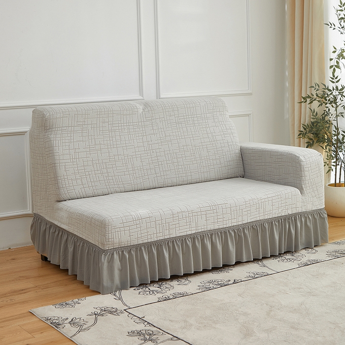 91家纺网 家纺一手货源 找家纺 飞翔家纺沙发套 2026新款素格纹裙摆沙发套贵妃 浅灰色