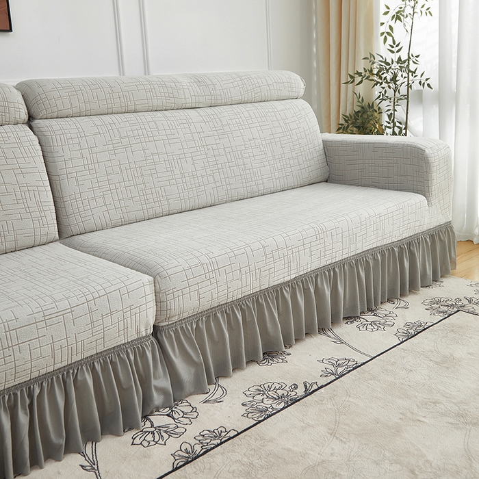 91家纺网 家纺一手货源 找家纺 飞翔家纺沙发套 2026新款素格纹裙摆沙发套贵妃 浅灰色