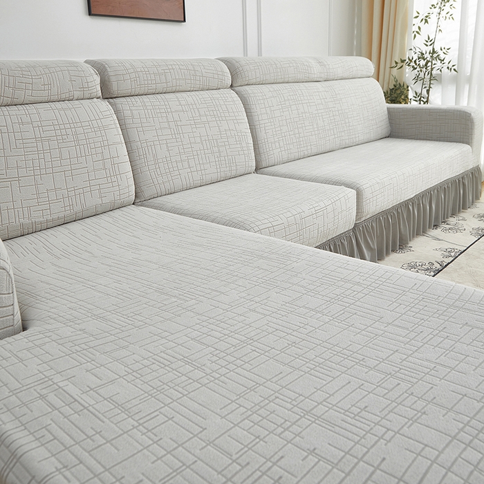 91家纺网 家纺一手货源 找家纺 飞翔家纺沙发套 2026新款素格纹裙摆沙发套贵妃 浅灰色