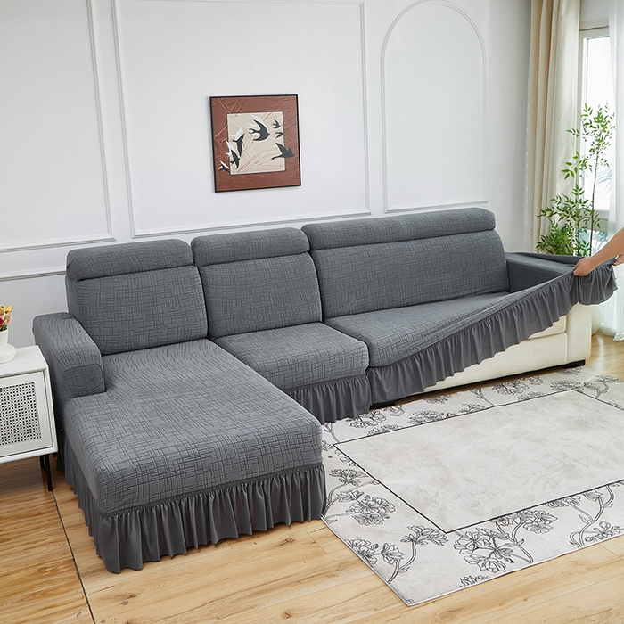 91家纺网 家纺一手货源 找家纺 飞翔家纺沙发套 2026新款素格纹裙摆沙发套贵妃 中灰色