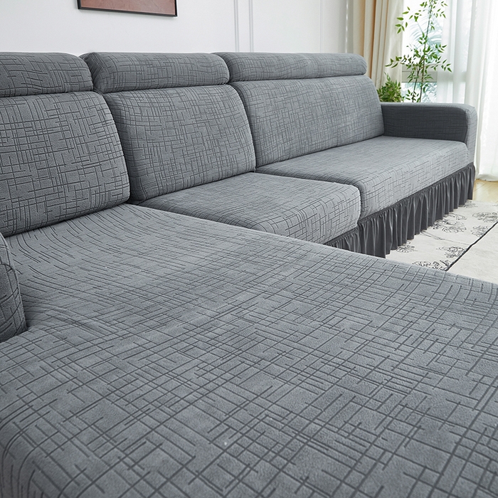 91家纺网 家纺一手货源 找家纺 飞翔家纺沙发套 2026新款素格纹裙摆沙发套贵妃 中灰色