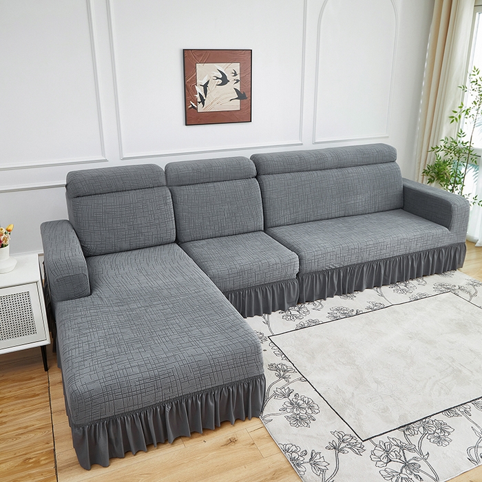 91家纺网 家纺一手货源 找家纺 飞翔家纺沙发套 2026新款素格纹裙摆沙发套贵妃 中灰色