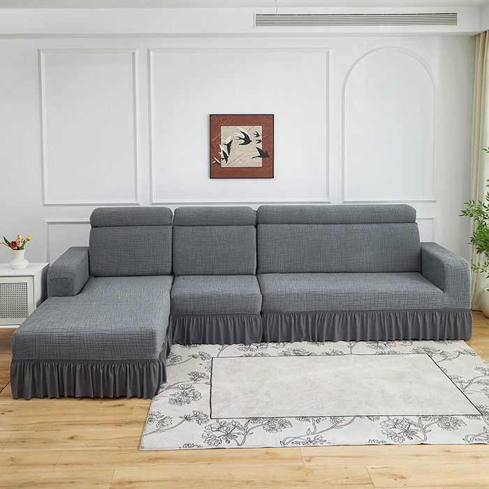 91家纺网 家纺一手货源 找家纺 飞翔家纺沙发套 2026新款素格纹裙摆沙发套贵妃 中灰色