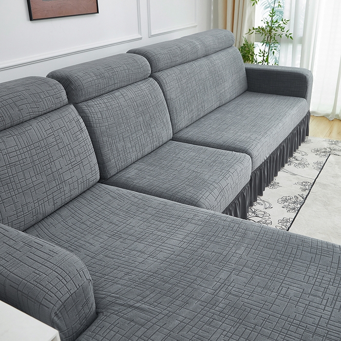 91家纺网 家纺一手货源 找家纺 飞翔家纺沙发套 2026新款素格纹裙摆沙发套贵妃 中灰色