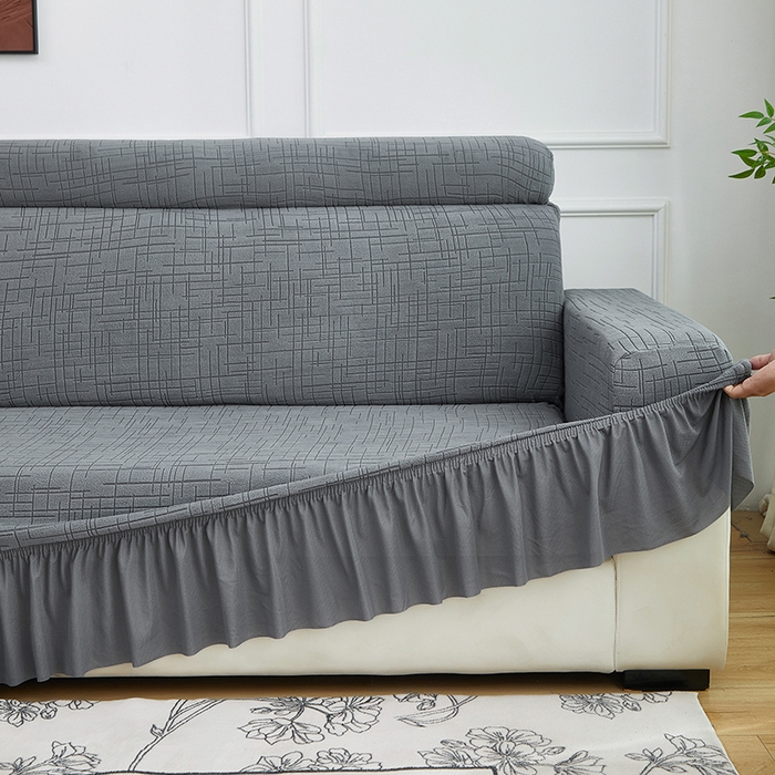 91家纺网 家纺一手货源 找家纺 飞翔家纺沙发套 2026新款素格纹裙摆沙发套贵妃 中灰色