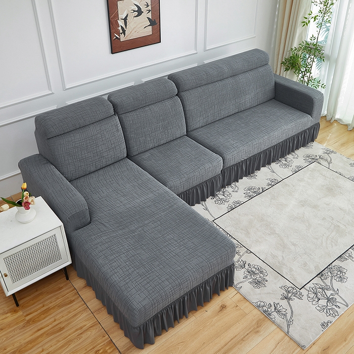 91家纺网 家纺一手货源 找家纺 飞翔家纺沙发套 2026新款素格纹裙摆沙发套贵妃 中灰色