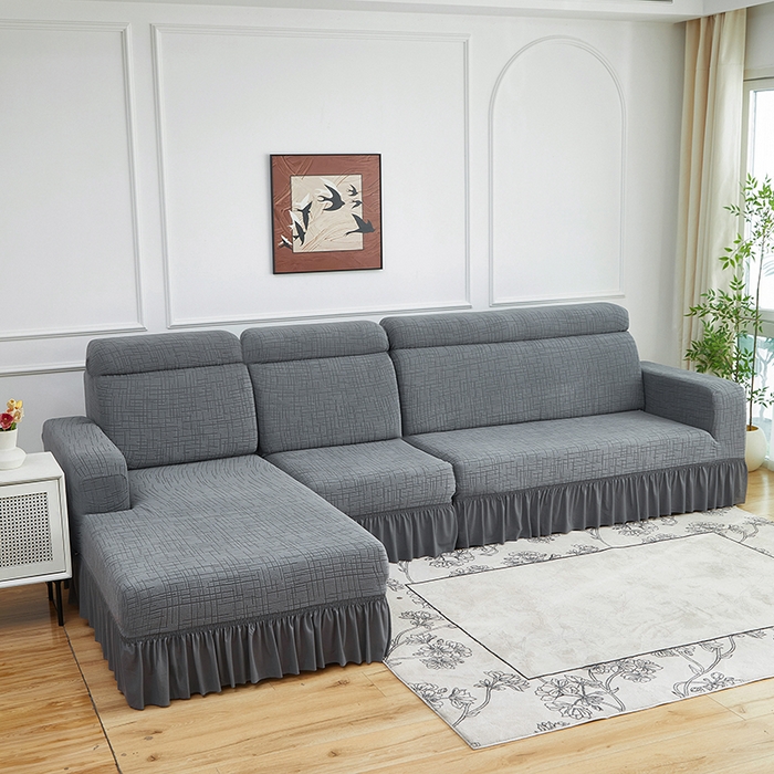 飞翔家纺沙发套 2026新款素格纹裙沙发套摆贵妃 中灰色