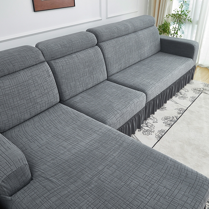 91家纺网 家纺一手货源 找家纺 飞翔家纺沙发套 2026新款素格纹裙摆沙发套贵妃 中灰色