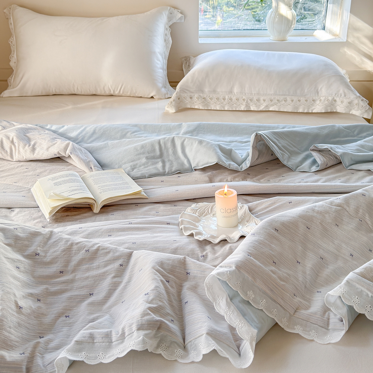 91家纺网 家纺一手货源 找家纺 摩时 2026春夏新款全棉棉麻夏被空调被单双人被子棉花被 蝴蝶结