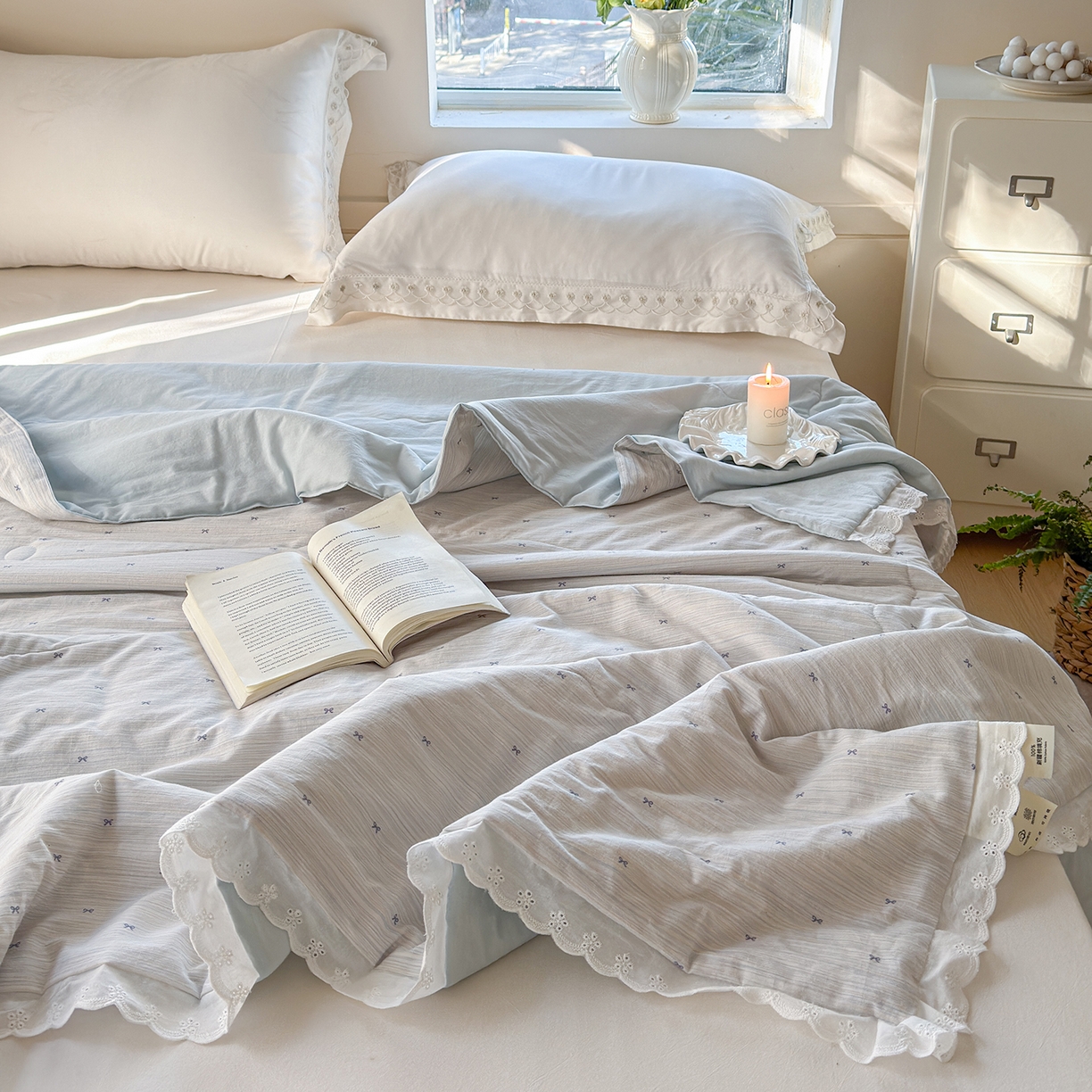 91家纺网 家纺一手货源 找家纺 摩时 2026春夏新款全棉棉麻夏被空调被单双人被子棉花被 蝴蝶结