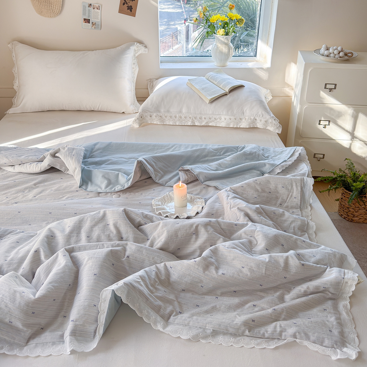 91家纺网 家纺一手货源 找家纺 摩时 2026春夏新款全棉棉麻夏被空调被单双人被子棉花被 蝴蝶结