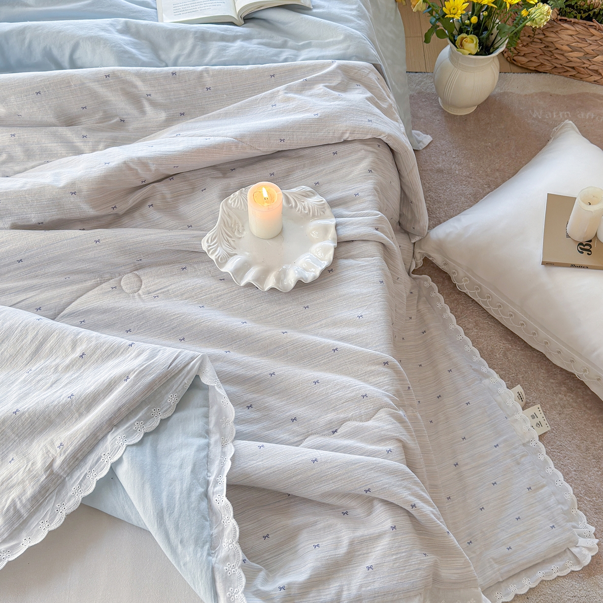 91家纺网 家纺一手货源 找家纺 摩时 2026春夏新款全棉棉麻夏被空调被单双人被子棉花被 蝴蝶结