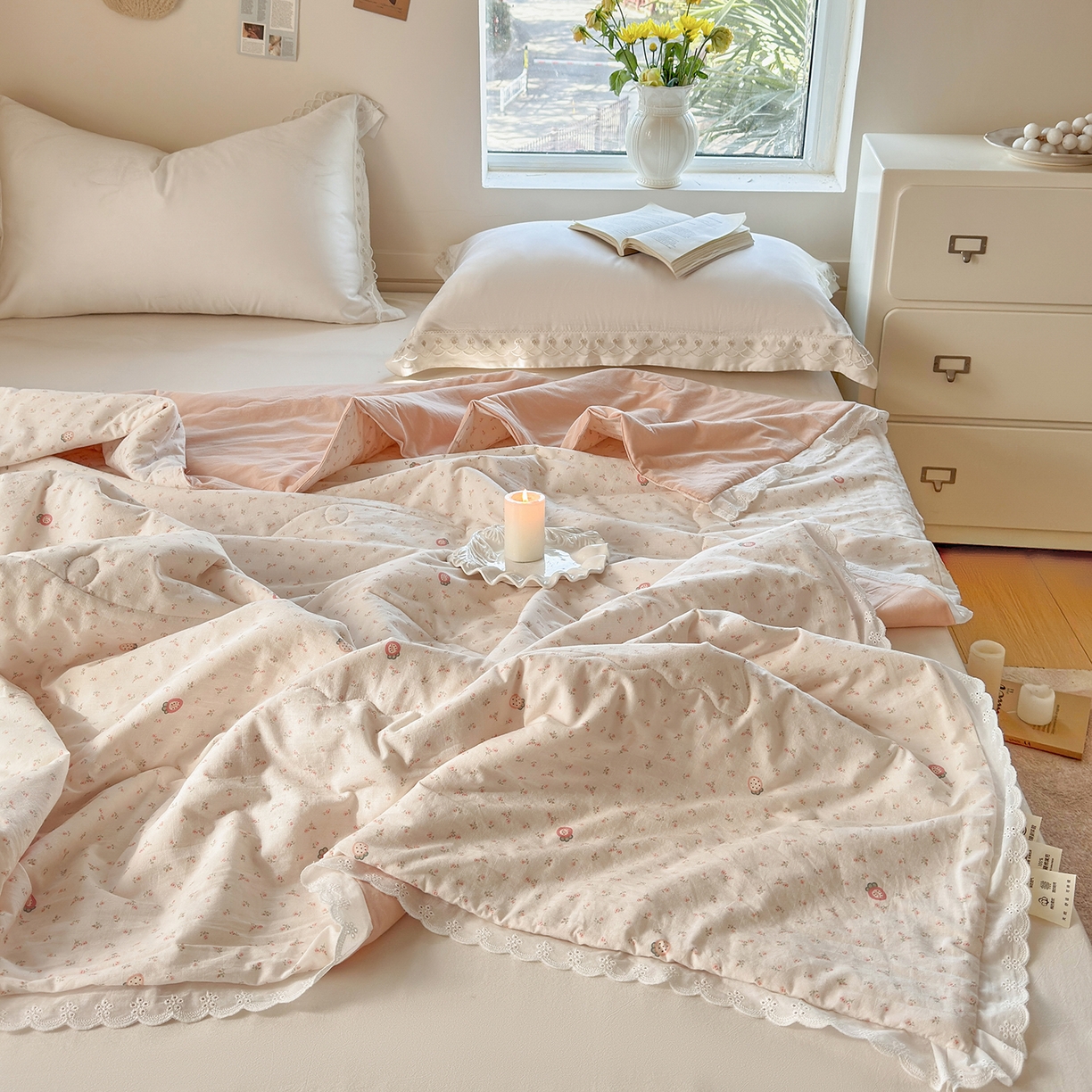 91家纺网 家纺一手货源 找家纺 摩时 2026春夏新款全棉棉麻夏被空调被单双人被子棉花被 花园草莓