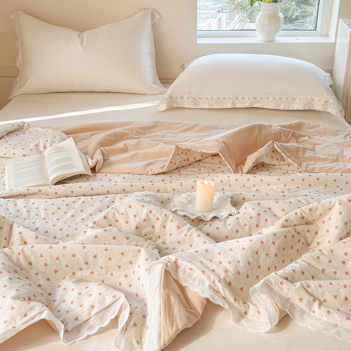 91家纺网 家纺一手货源 找家纺 摩时 2026春夏新款全棉棉麻夏被空调被单双人被子棉花被 星星南瓜