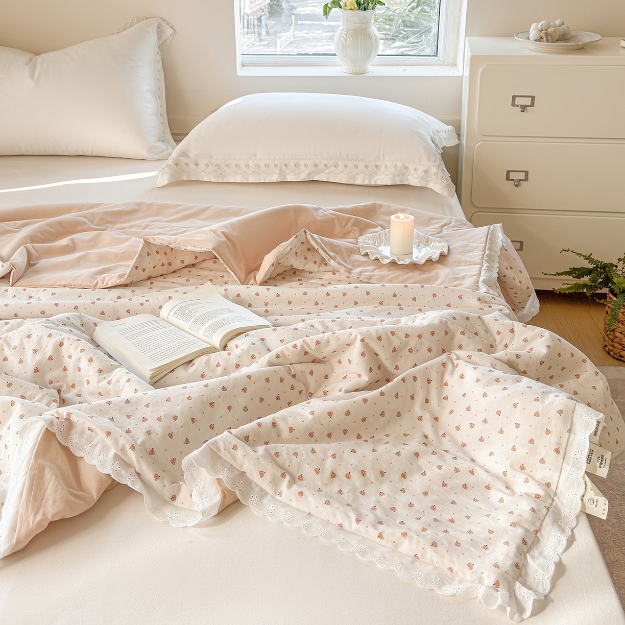 91家纺网 家纺一手货源 找家纺 摩时 2026春夏新款全棉棉麻夏被空调被单双人被子棉花被 星星南瓜