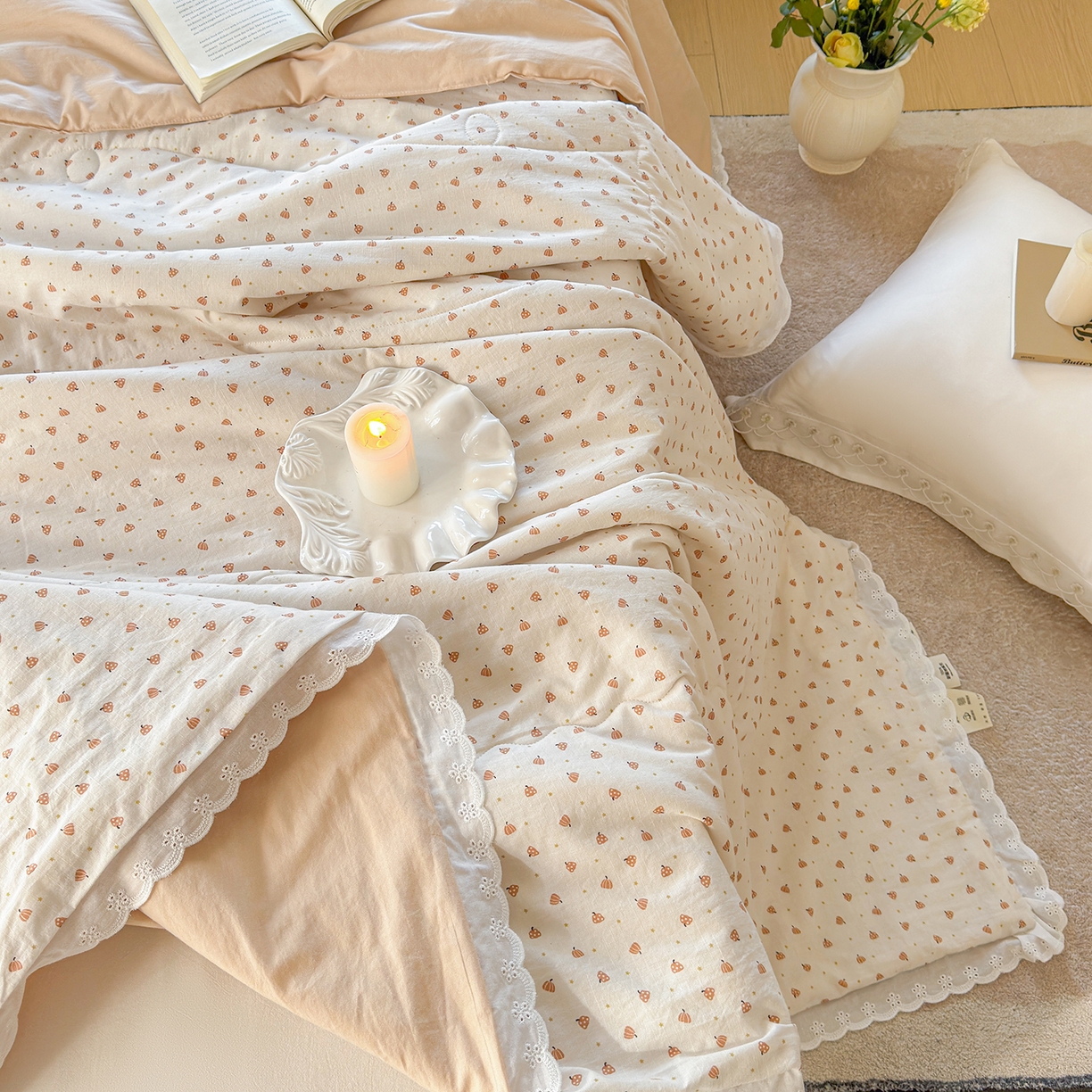 91家纺网 家纺一手货源 找家纺 摩时 2026春夏新款全棉棉麻夏被空调被单双人被子棉花被 星星南瓜