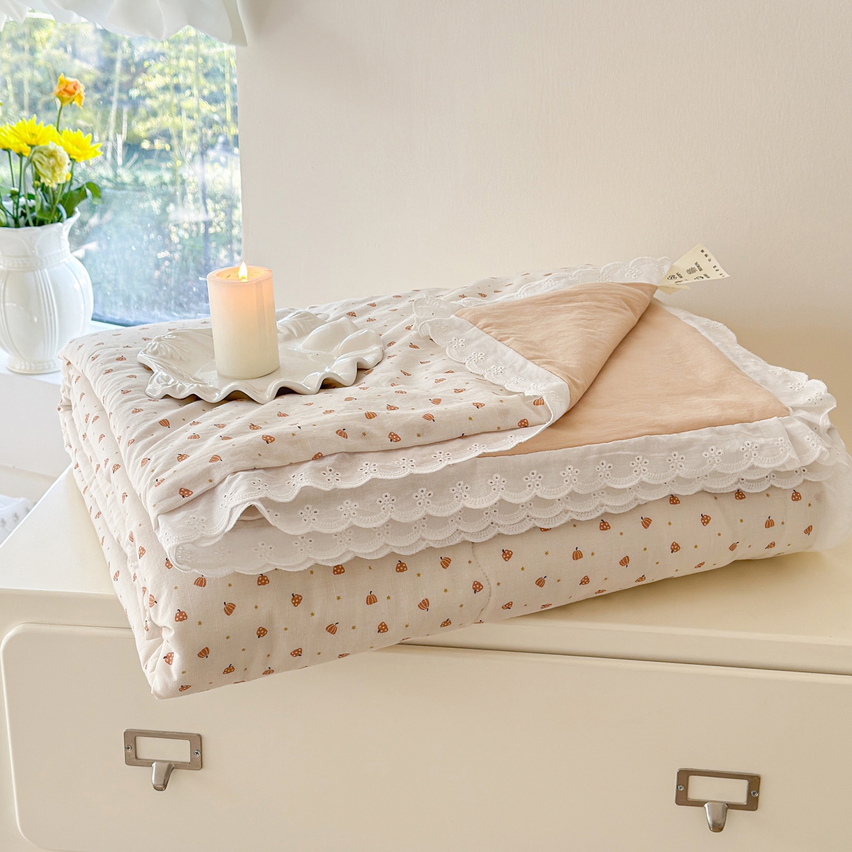 91家纺网 家纺一手货源 找家纺 摩时 2026春夏新款全棉棉麻夏被空调被单双人被子棉花被 星星南瓜