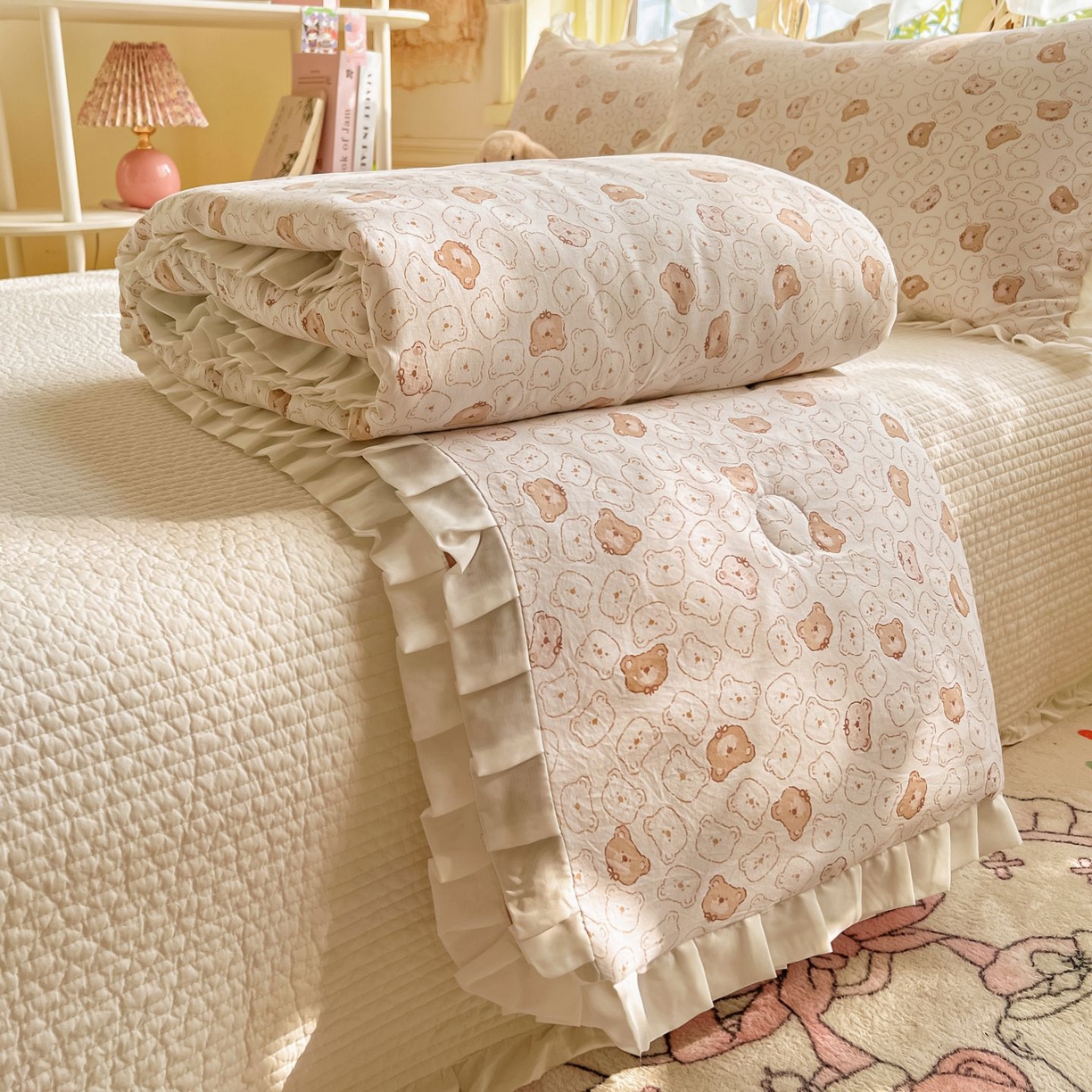 孑寐家纺 2026新款韩版水洗棉花边夏被被子被芯 抱抱熊