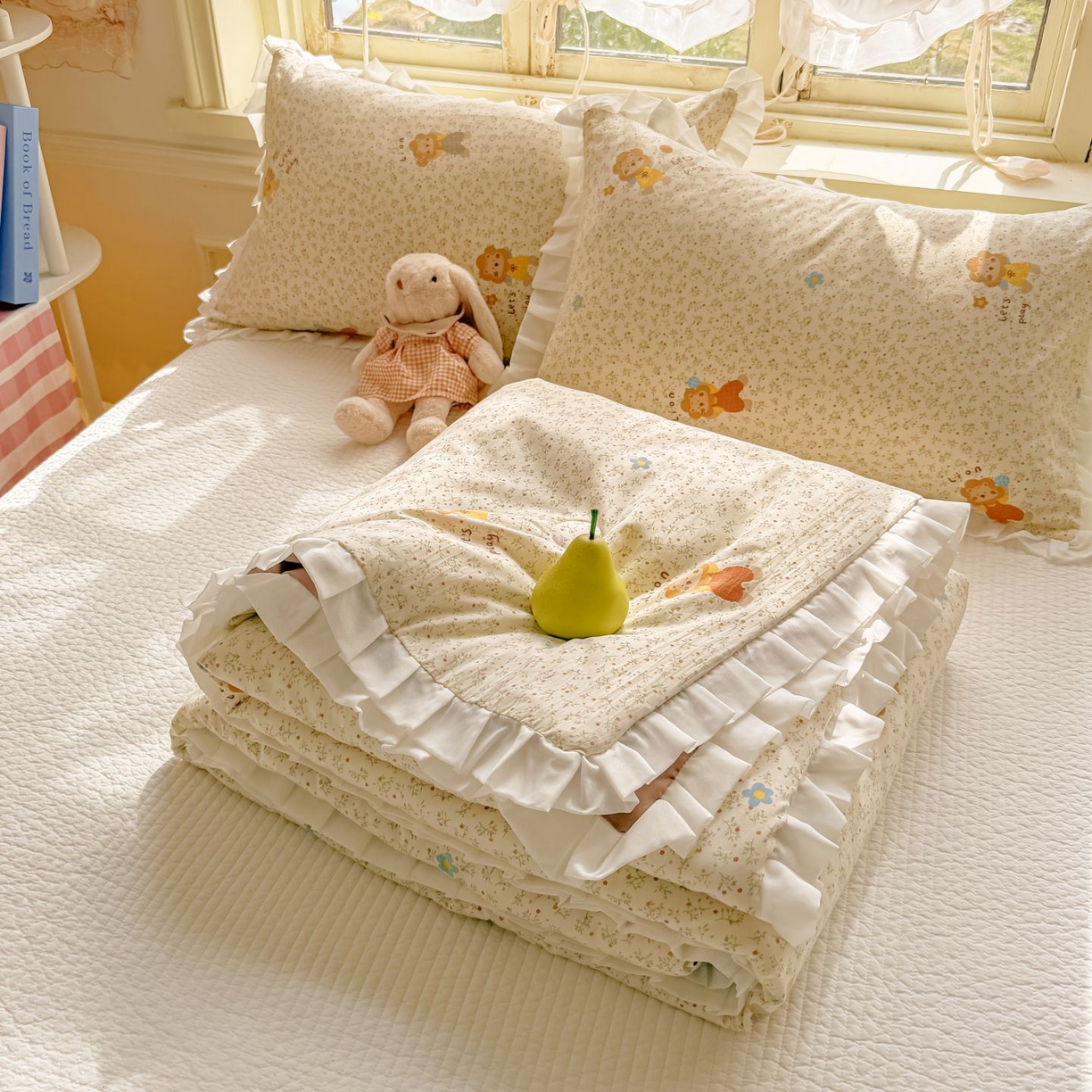 91家纺网 家纺一手货源 找家纺 孑寐家纺 2026新款韩版水洗棉花边夏被被子被芯 萌萌狮子