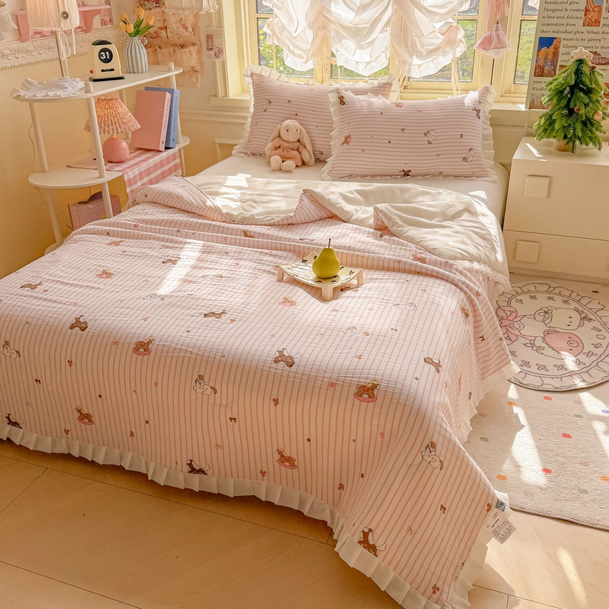 91家纺网 家纺一手货源 找家纺 孑寐家纺 2026新款韩版水洗棉花边夏被被子被芯 童年木马