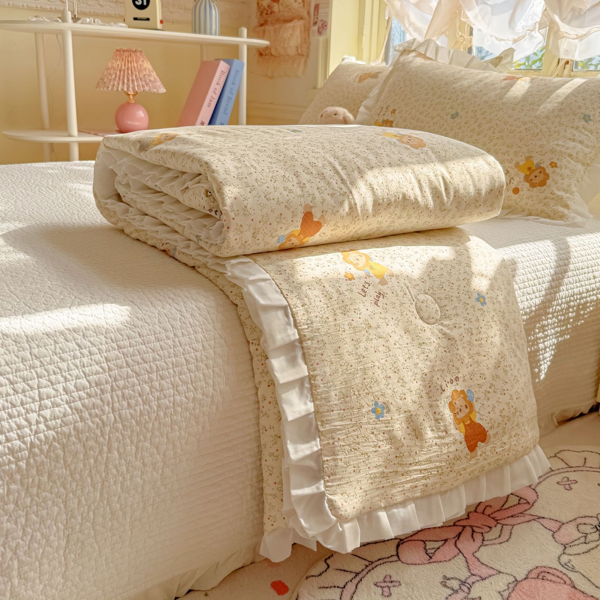 孑寐家纺 2026新款韩版水洗棉花边夏被被子被芯 萌萌狮子