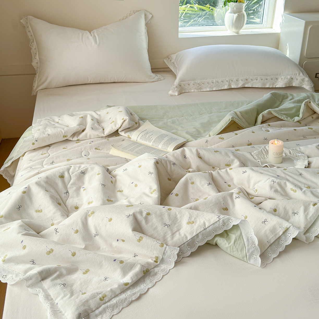 91家纺网 家纺一手货源 找家纺 摩时 2026春夏新款全棉棉麻夏被空调被单双人被子棉花被 樱桃蝴蝶结