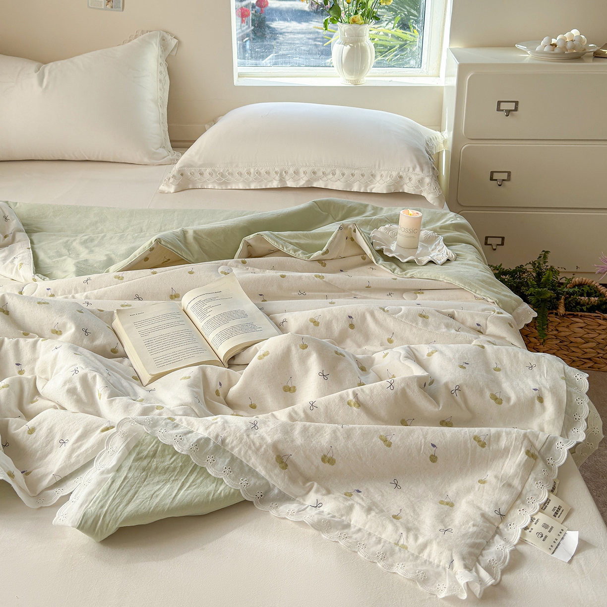 91家纺网 家纺一手货源 找家纺 摩时 2026春夏新款全棉棉麻夏被空调被单双人被子棉花被 樱桃蝴蝶结