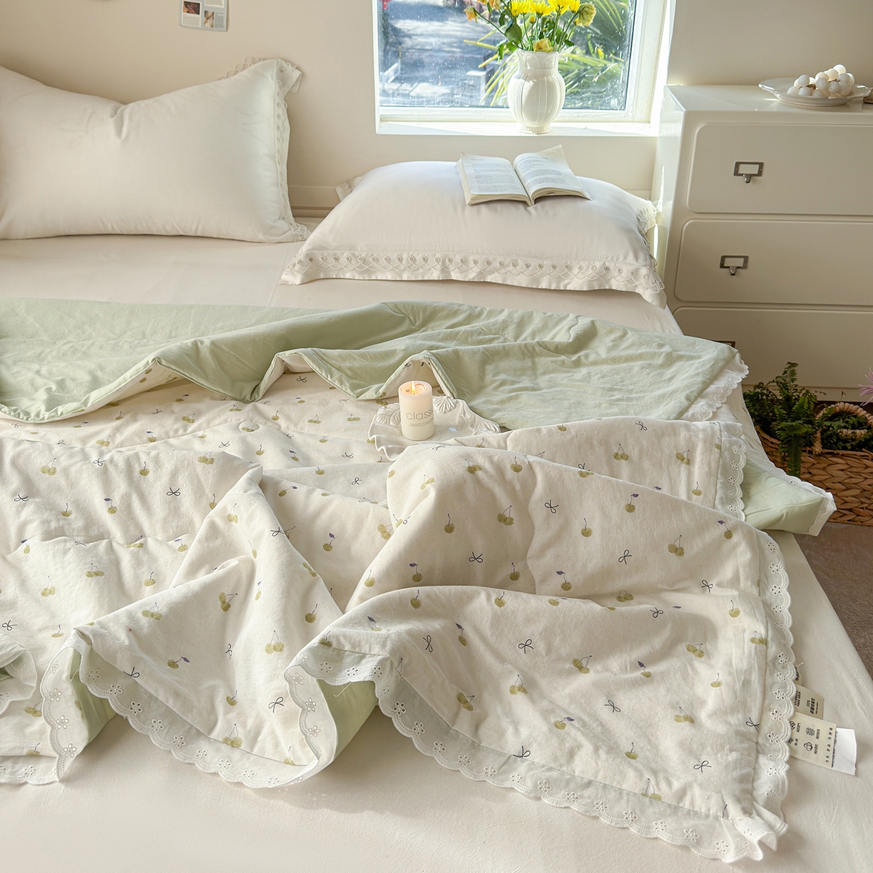 91家纺网 家纺一手货源 找家纺 摩时 2026春夏新款全棉棉麻夏被空调被单双人被子棉花被 樱桃蝴蝶结